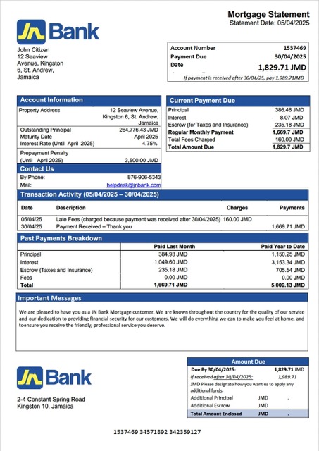 Download Jamaica National Bank (JN Bank) mortgage statement Word and PDF template Photoshop template